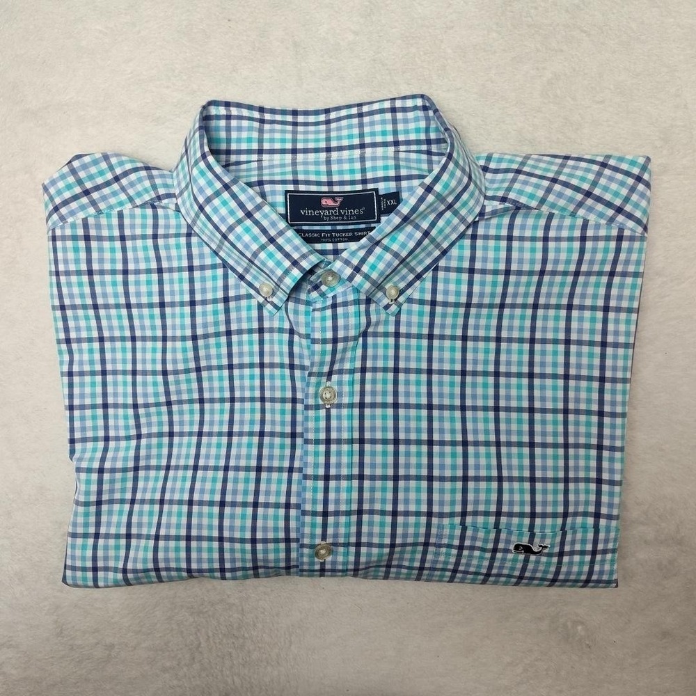 Vineyard Vines Shirt Mens 2XL Blue Check Button Up Long Sleeve Classic Work